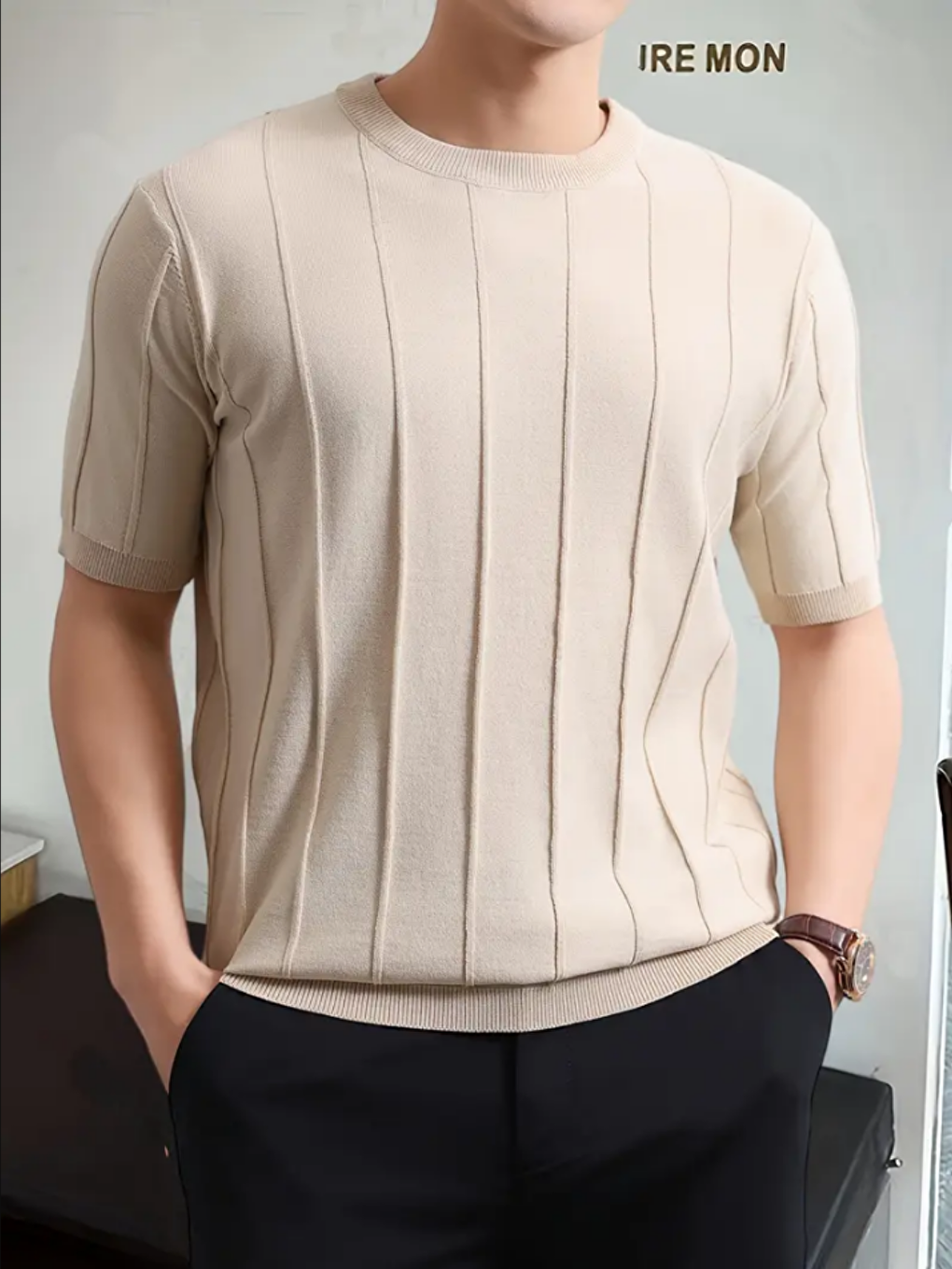 Bej Vizon Erkek Yuvarlak Yaka Örme T shirt-4