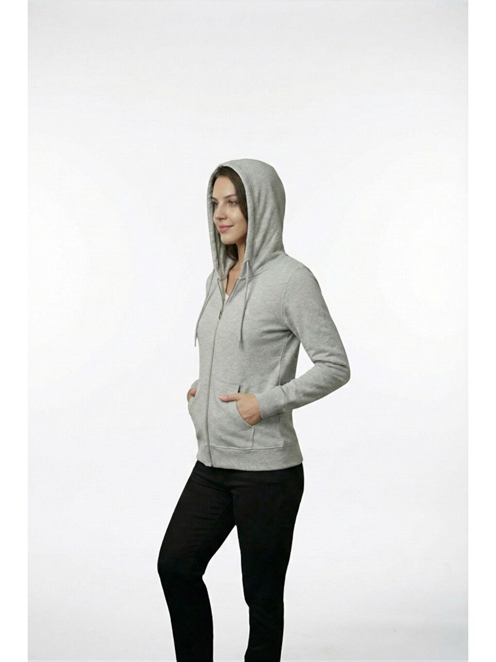 Gri %100 Pamuk Kapüşonlu Fermuarlı Basic Kadın Hırka-1