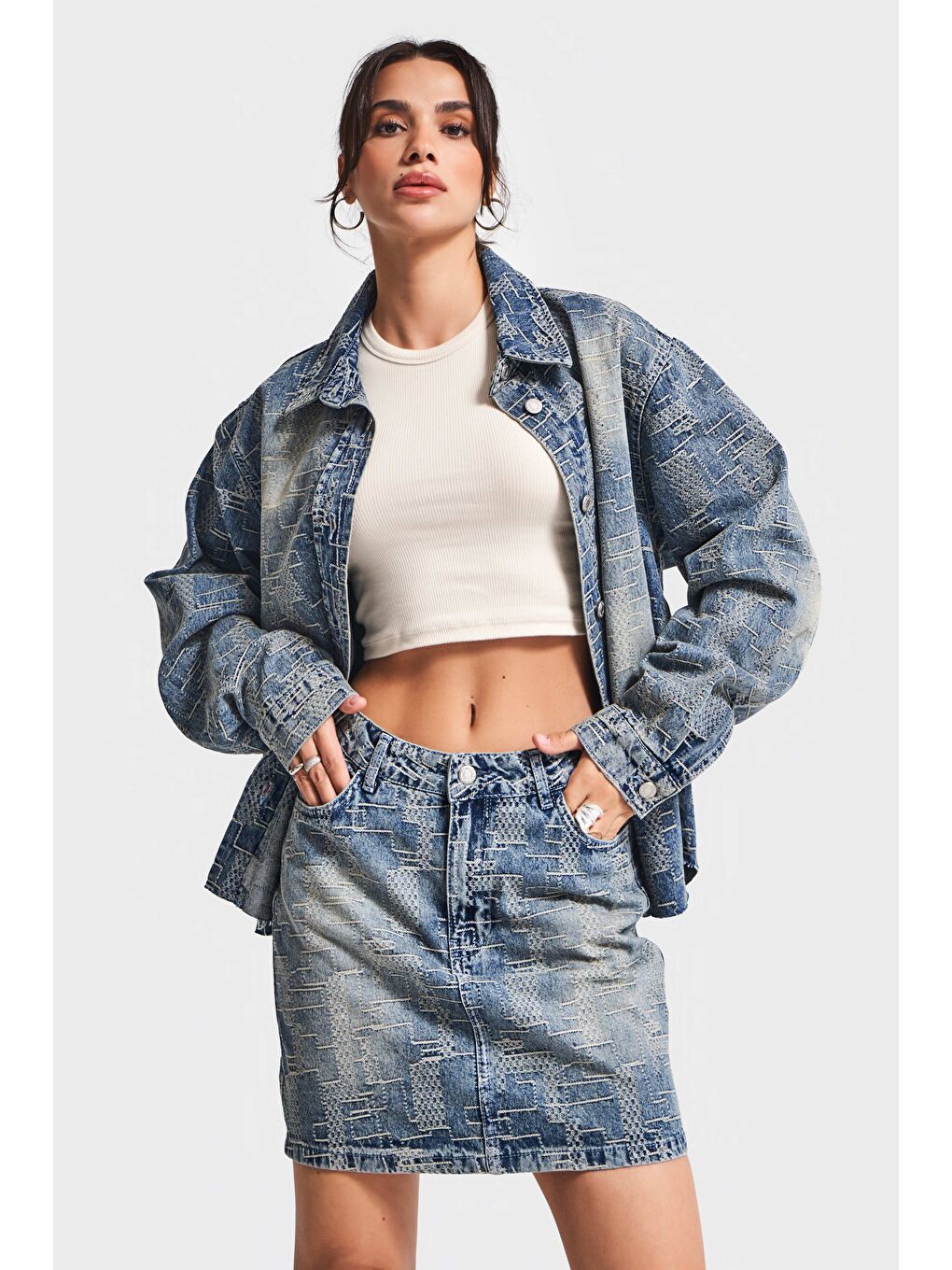 Mavi Kadın Jean Rengi 4w5-32 Özel Kumaş Mini Boy Tasarım Denim Etek-1