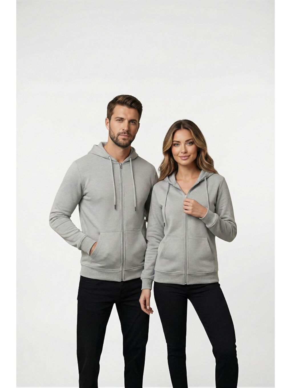 Gri %100 Pamuk Kapüşonlu Fermuarlı Basic Kadın Hırka-2