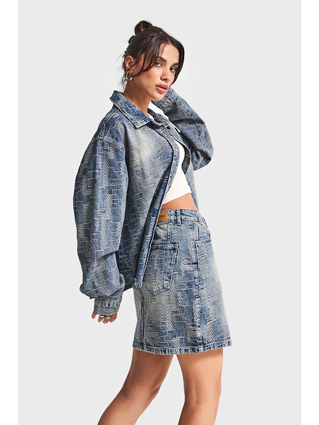 Mavi Kadın Jean Rengi 4w5-32 Özel Kumaş Mini Boy Tasarım Denim Etek-3