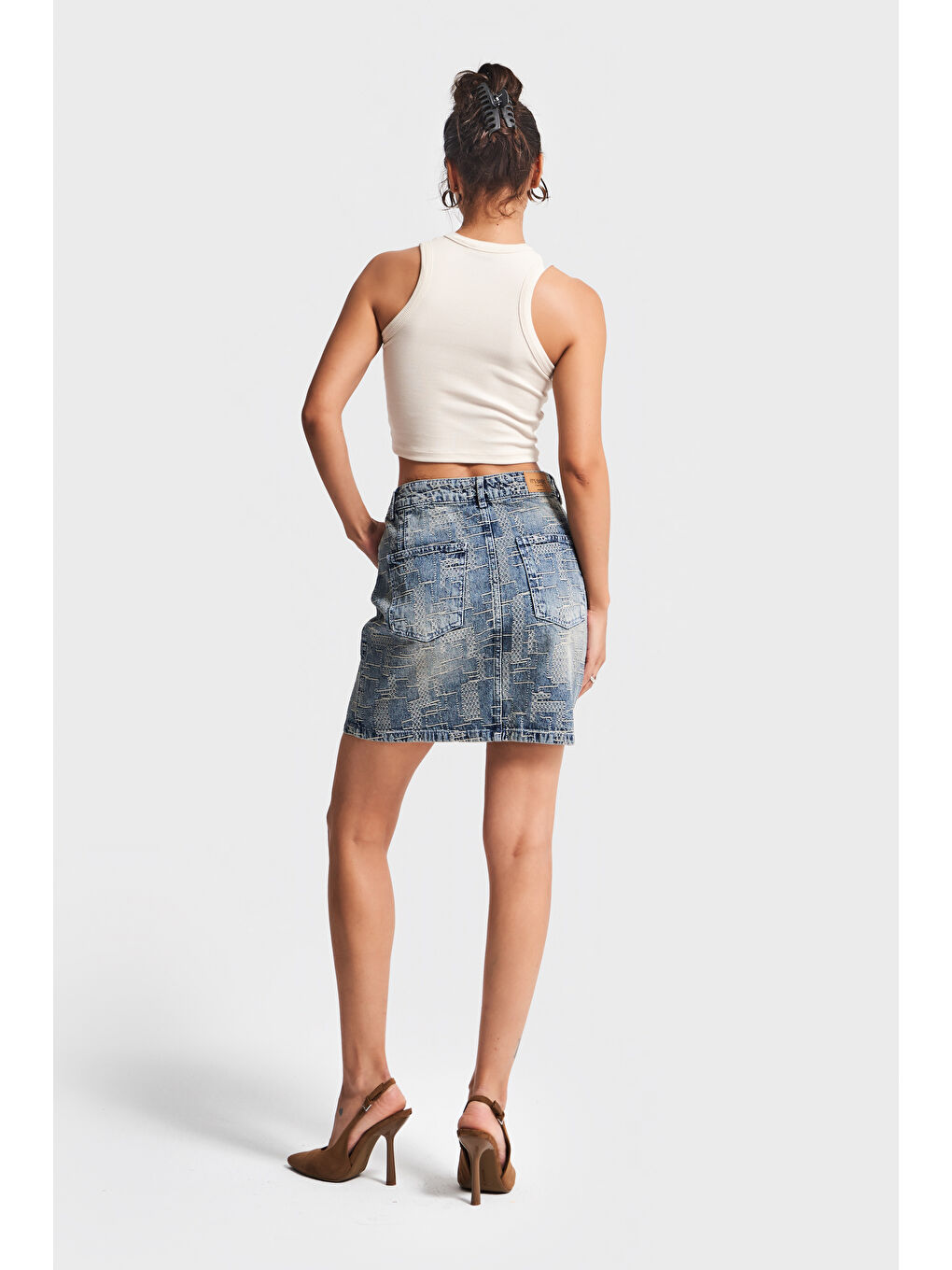 Mavi Kadın Jean Rengi 4w5-32 Özel Kumaş Mini Boy Tasarım Denim Etek-4