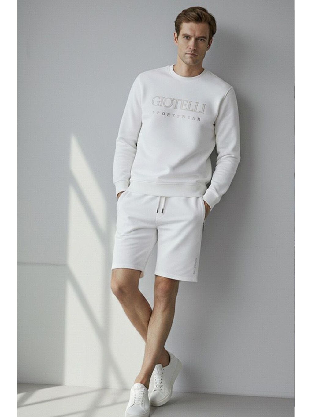 Giotelli Ekru Regular Fit Pamuk Karışımlı Bisiklet Yaka Şortlu Erkek Eşofman Takımı-2