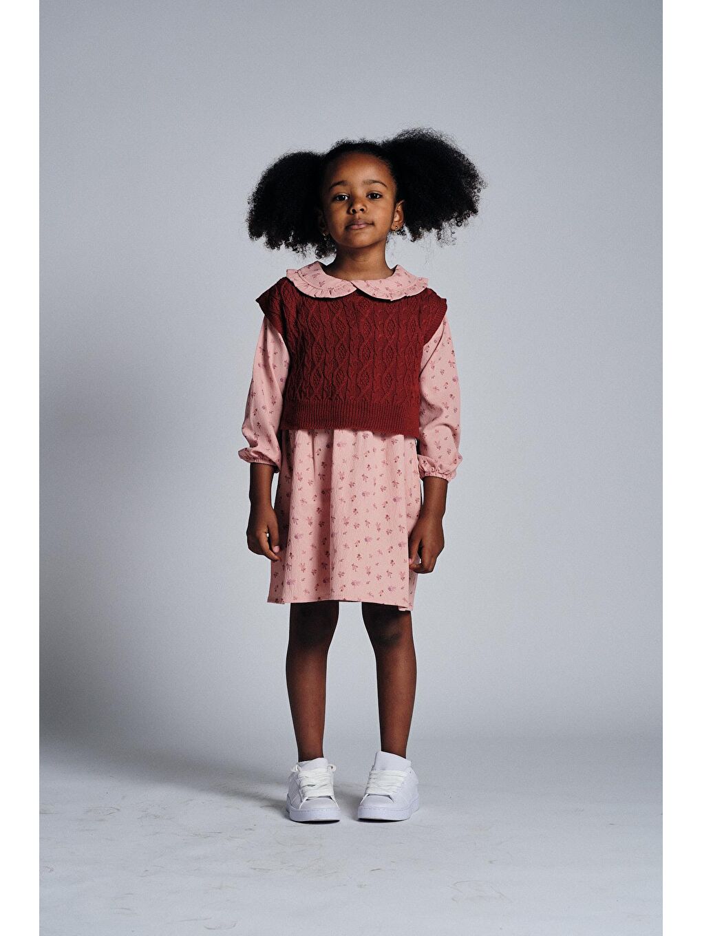 Kahverengi Triko Süveterli Fırfırlı Desenli Elbise Takım-1