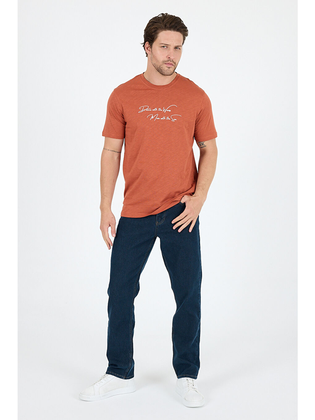 Kahverengi Erkek %100 Pamuk Bisiklet Yaka Kısa Kollu Baskılı Tişört Rahat ve Günlük Erkek Tişört 0011-2