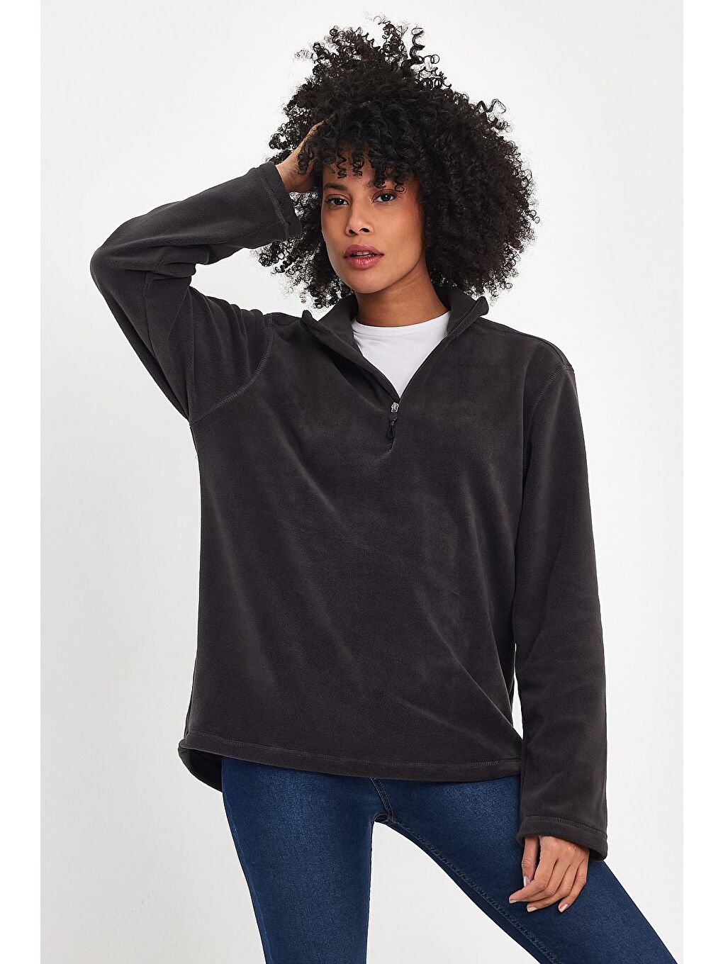 Gri Kadın Rahat Kalıp Softech Polar Yarım Fermuarlı Sweatshırt spr24pwk20-1