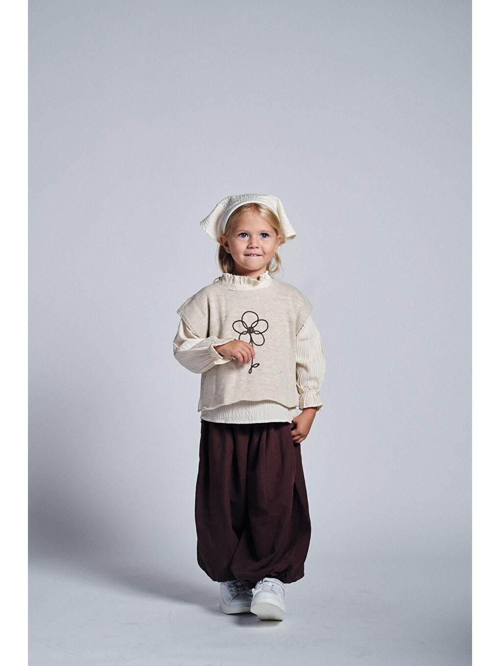 Bej Nakışlı Triko Kazak Pant. Bandanalı 4'lü Takım