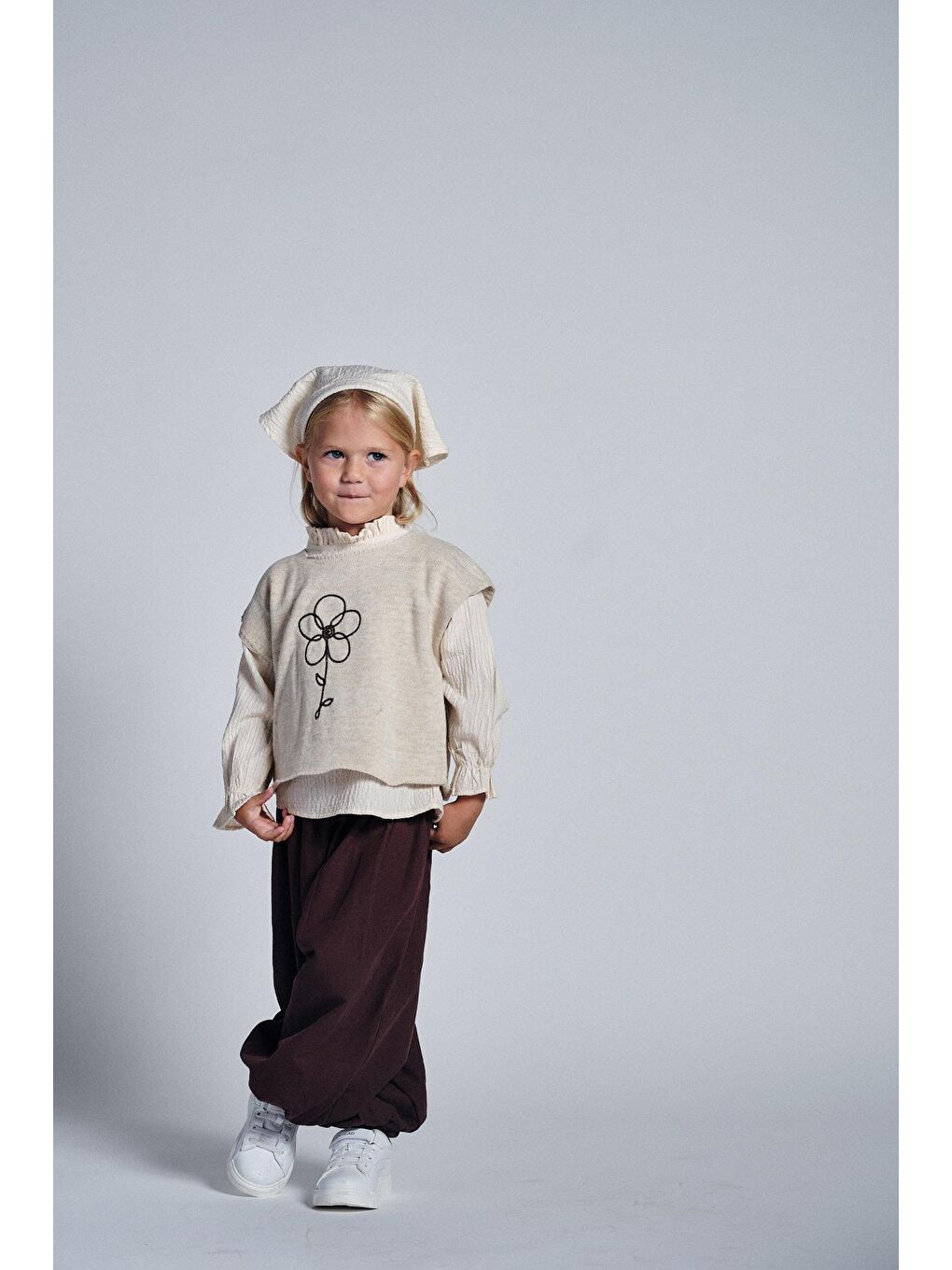 Bej Nakışlı Triko Kazak Pant. Bandanalı 4'lü Takım-1