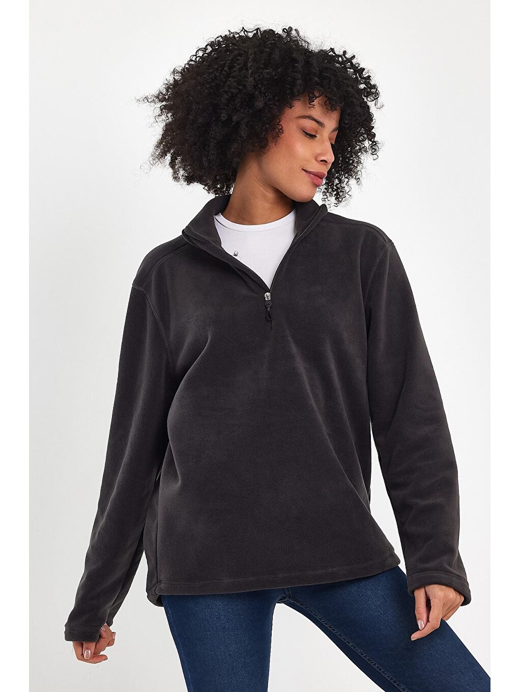 Gri Kadın Rahat Kalıp Softech Polar Yarım Fermuarlı Sweatshırt spr24pwk20-2