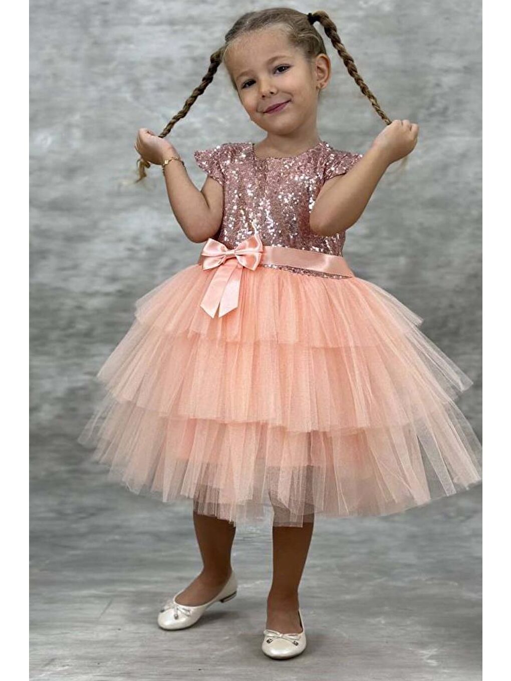 Pembe Kız Çocuk Üstü Pulpayet İşlemeli Katkat Somon Abiye 4-7 Yaş-1