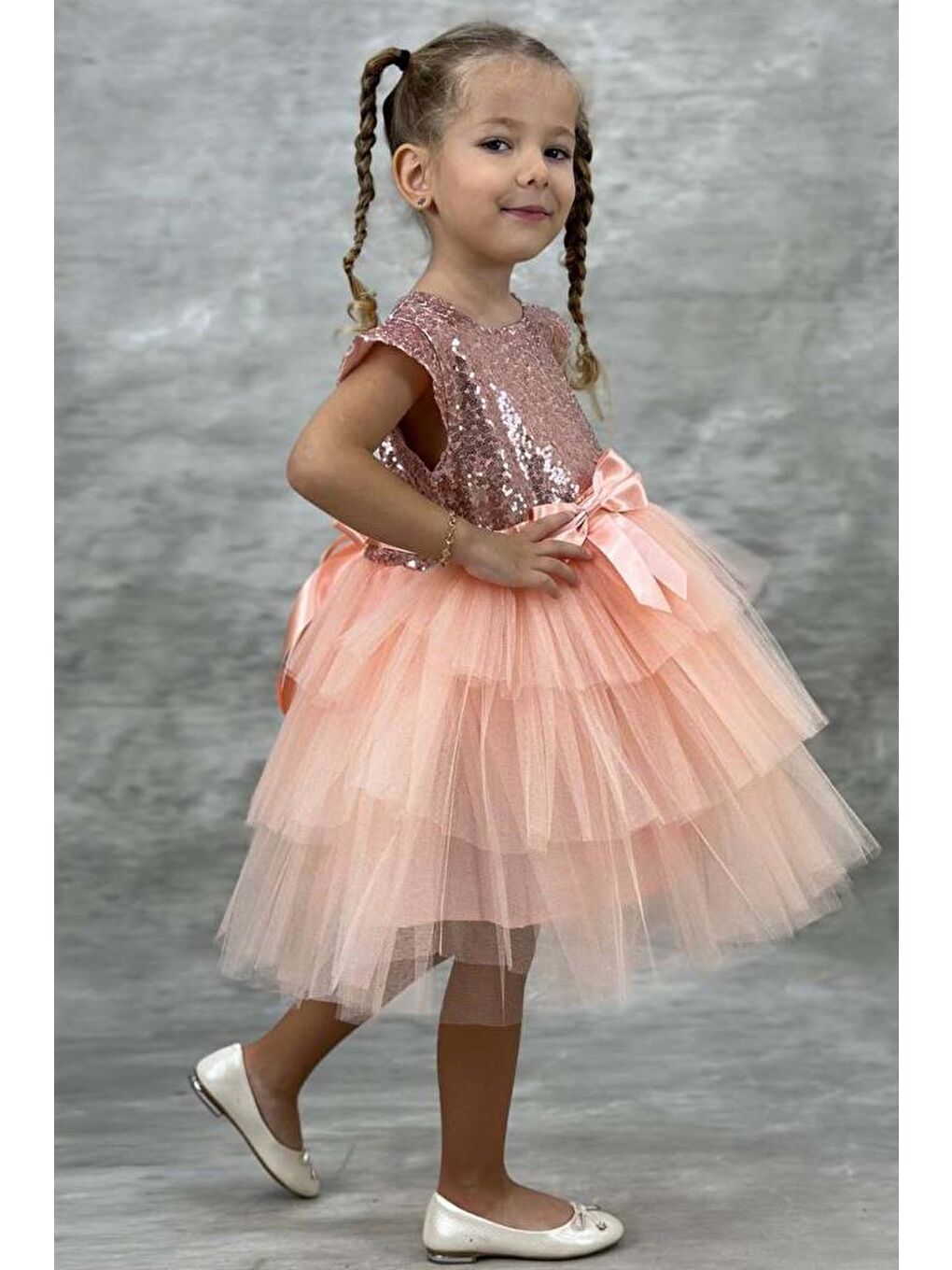 Pembe Kız Çocuk Üstü Pulpayet İşlemeli Katkat Somon Abiye 4-7 Yaş-2