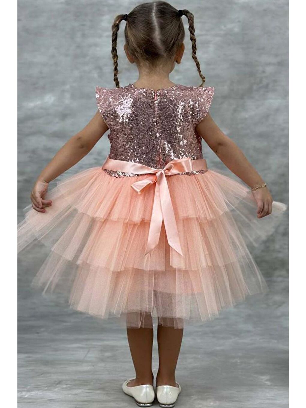 Pembe Kız Çocuk Üstü Pulpayet İşlemeli Katkat Somon Abiye 4-7 Yaş-3