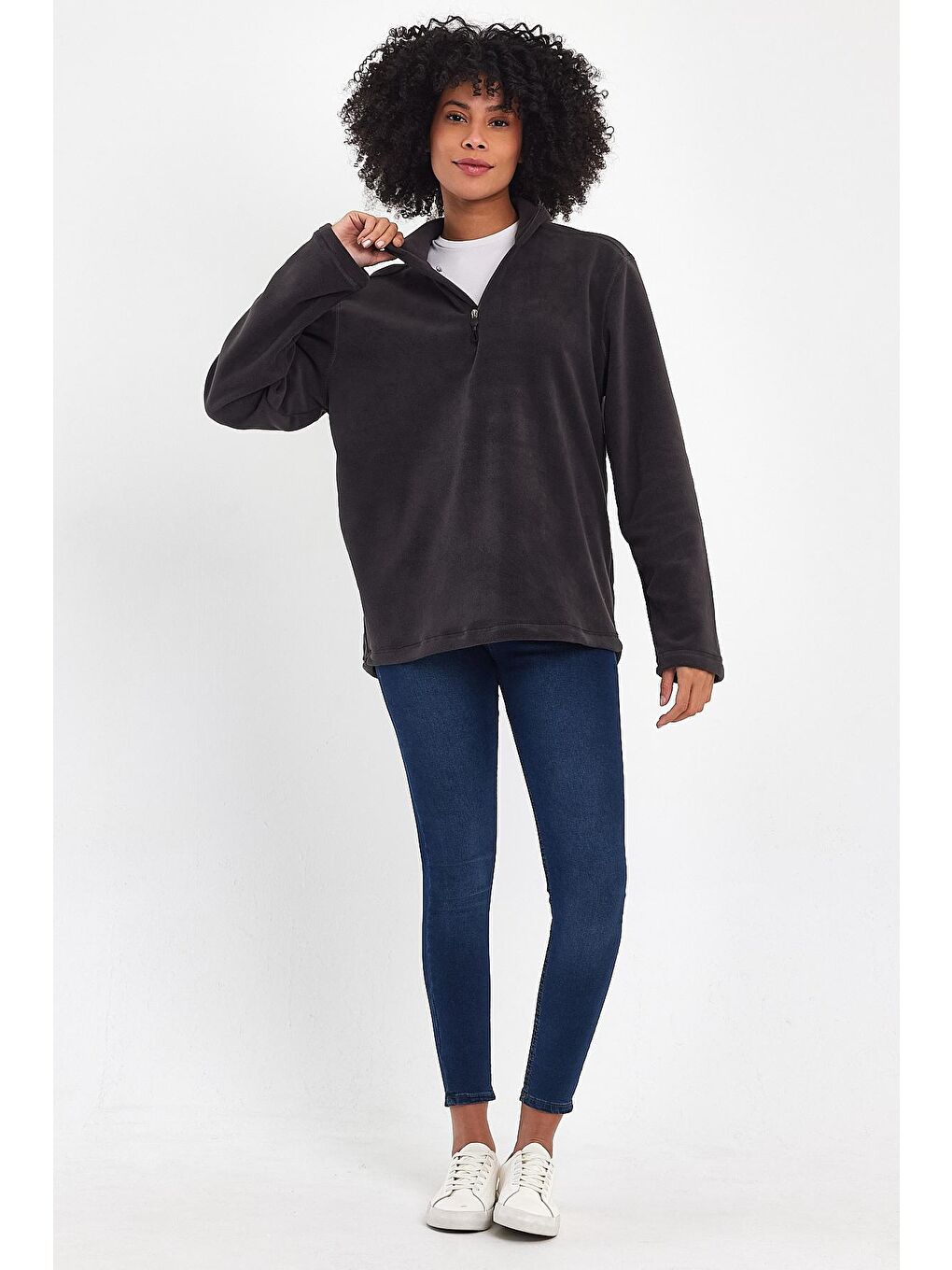 Gri Kadın Rahat Kalıp Softech Polar Yarım Fermuarlı Sweatshırt spr24pwk20-3