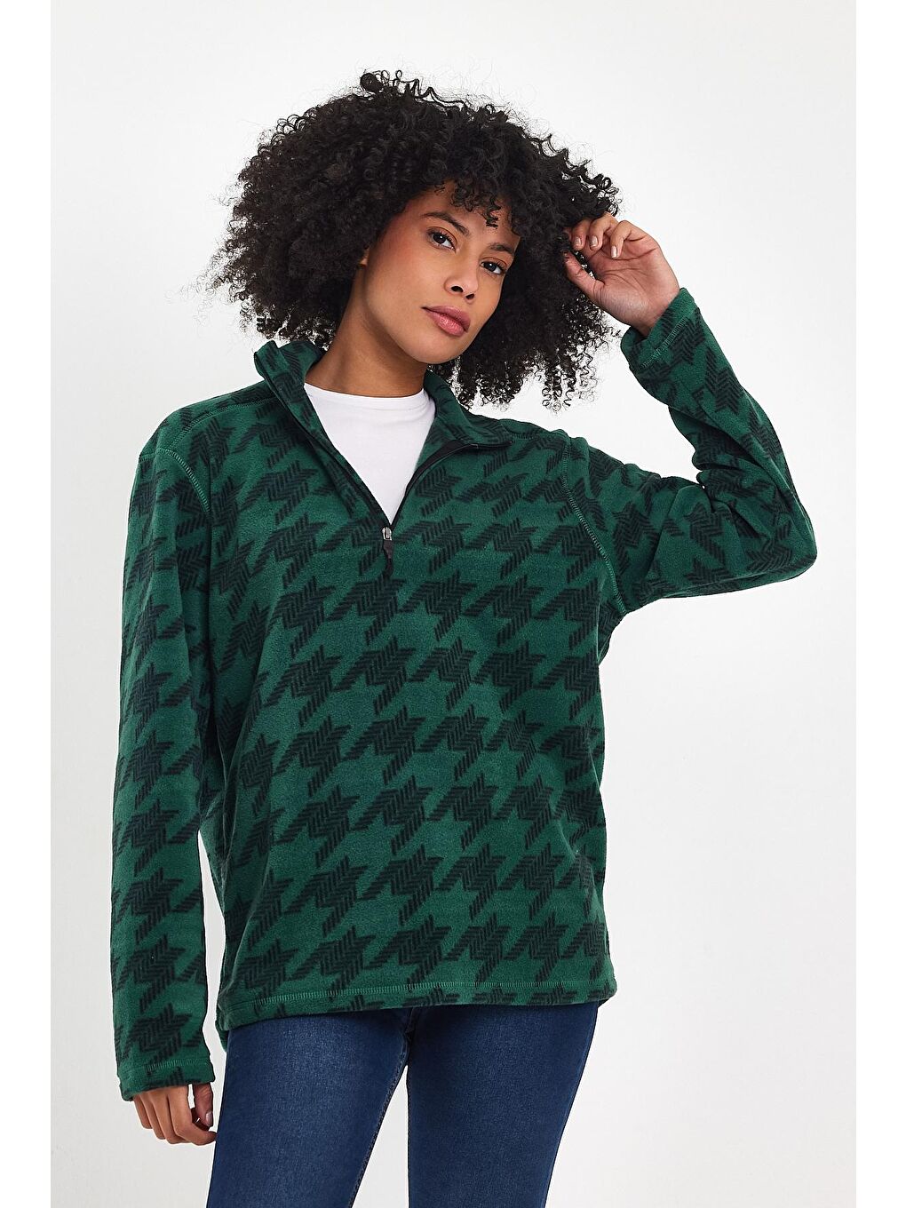 Yeşil Kadın Rahat Kalıp Softech Polar Yarım Fermuarlı Sweatshırt spr24pwk20-1