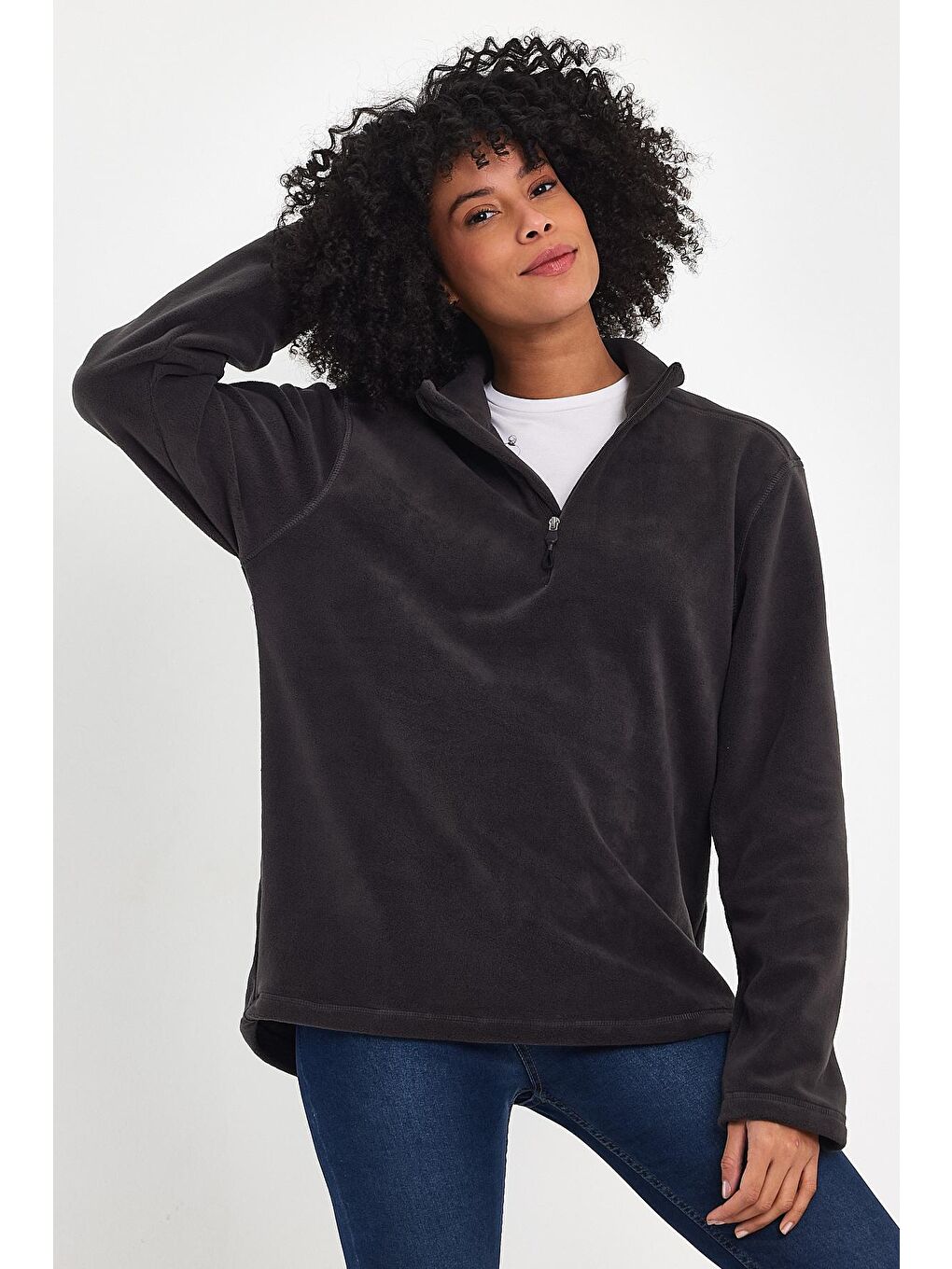 Gri Kadın Rahat Kalıp Softech Polar Yarım Fermuarlı Sweatshırt spr24pwk20-4