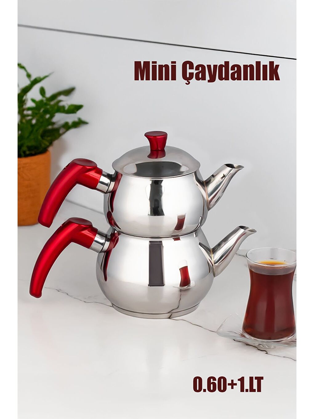 Gri 2no Dayanıklı Mini Boy Paslanmaz Çelik Çaydanlık 0.60+1.00LT Çaydanlık Takımı