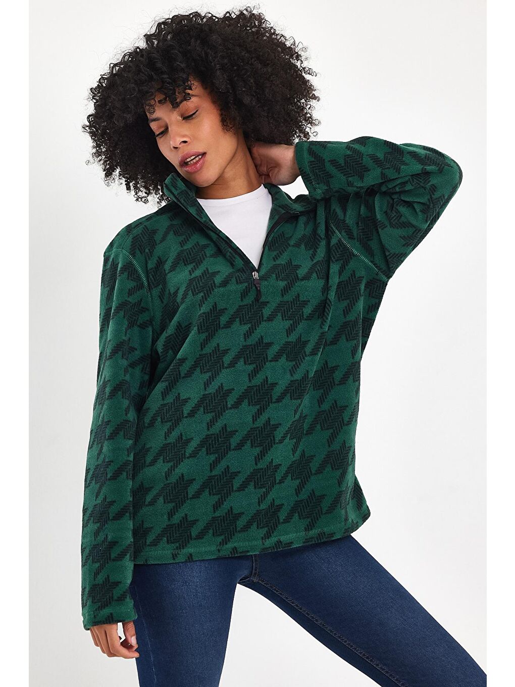 Yeşil Kadın Rahat Kalıp Softech Polar Yarım Fermuarlı Sweatshırt spr24pwk20-2