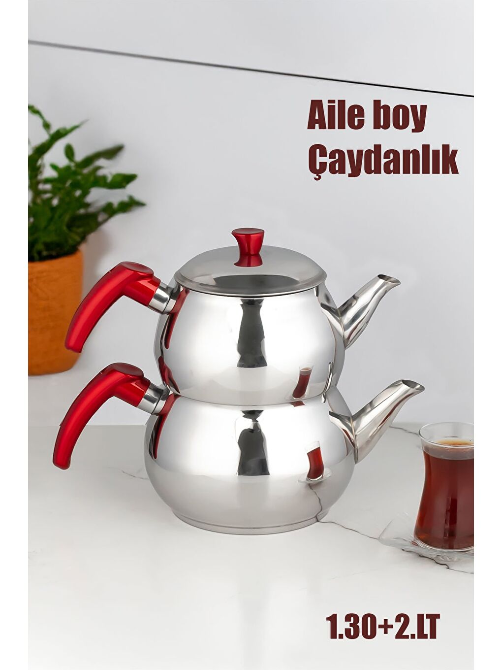 Porsima Gri 4no Dayanıklı Aile Boy Paslanmaz Çelik Çaydanlık 1.30+2.00LT Çaydanlık Takımı