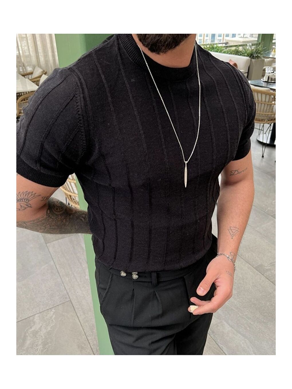 Siyah Erkek Yuvarlak Yaka Örme T shirt-2