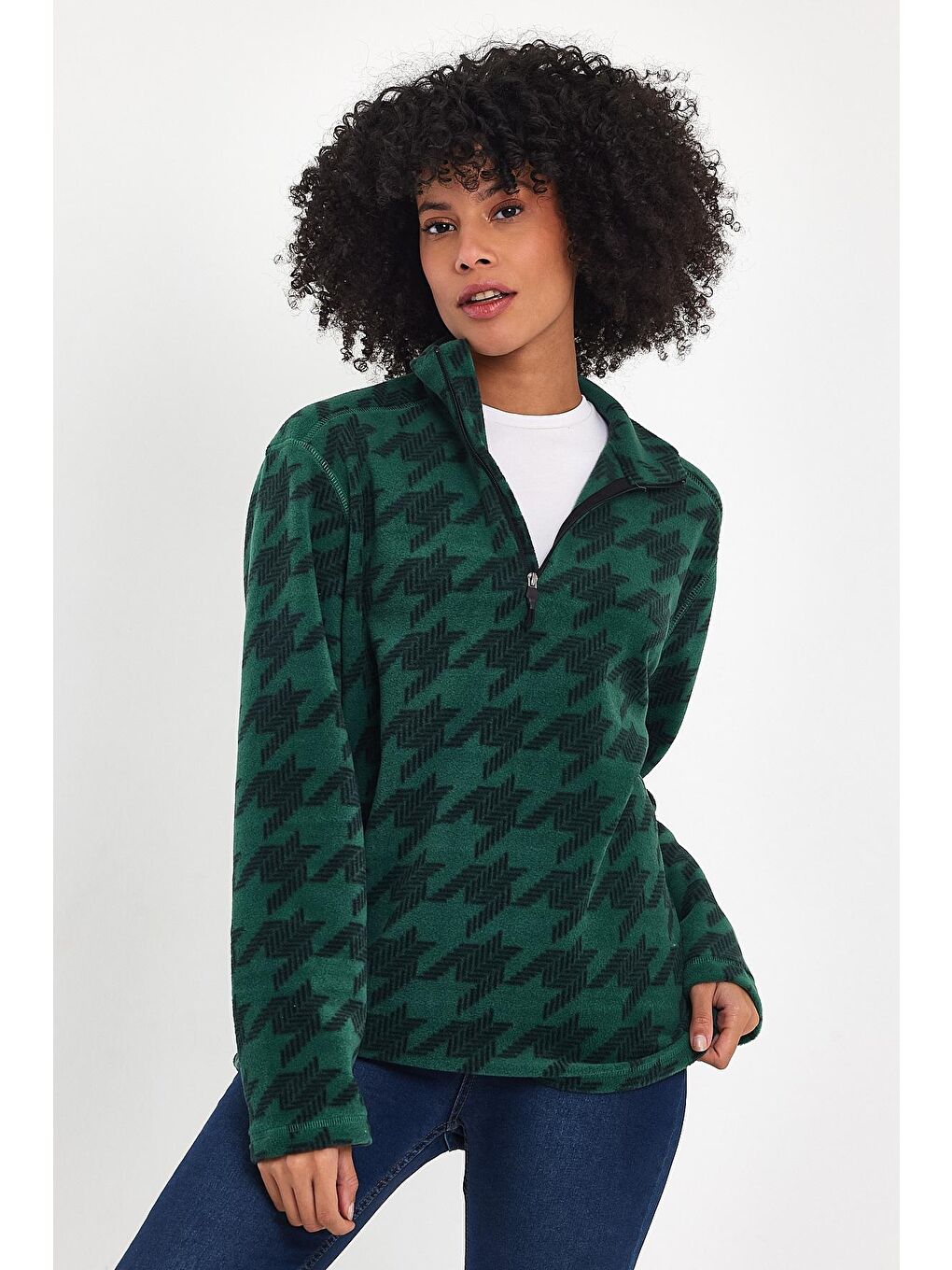 Yeşil Kadın Rahat Kalıp Softech Polar Yarım Fermuarlı Sweatshırt spr24pwk20-3