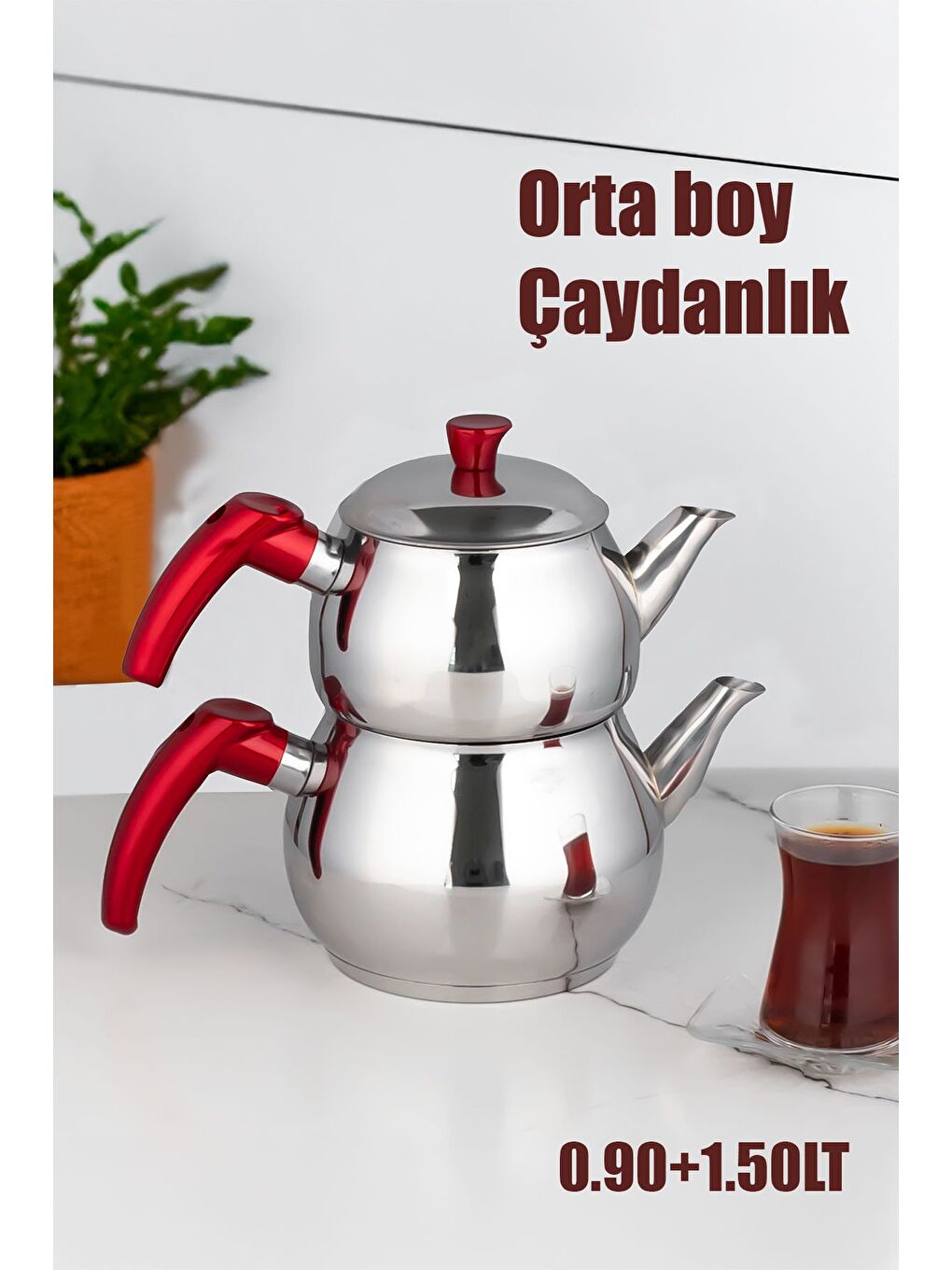 Gri 3no Dayanıklı Orta Boy Paslanmaz Çelik Çaydanlık 0.90+1.50LT Çaydanlık Takımı