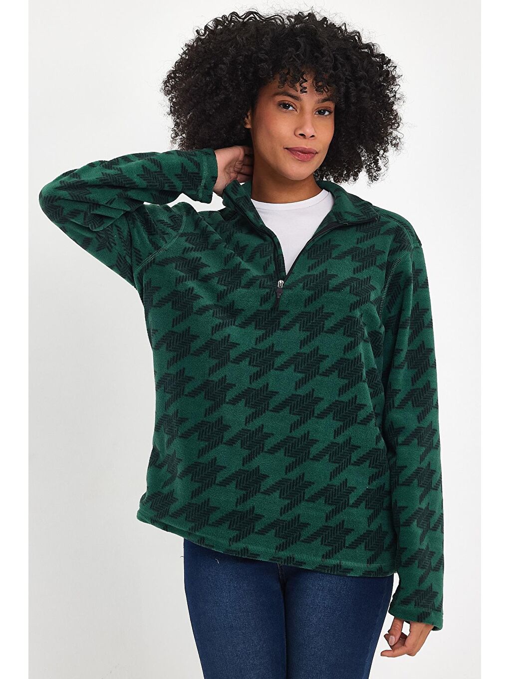 Yeşil Kadın Rahat Kalıp Softech Polar Yarım Fermuarlı Sweatshırt spr24pwk20-4