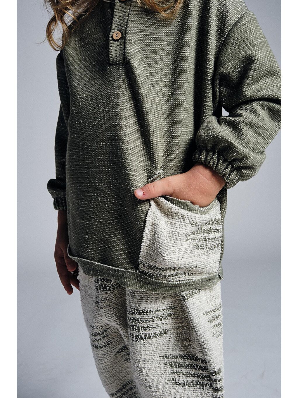 Haki Unisex Etnik Desen Düğmeli 2'li Takım-2