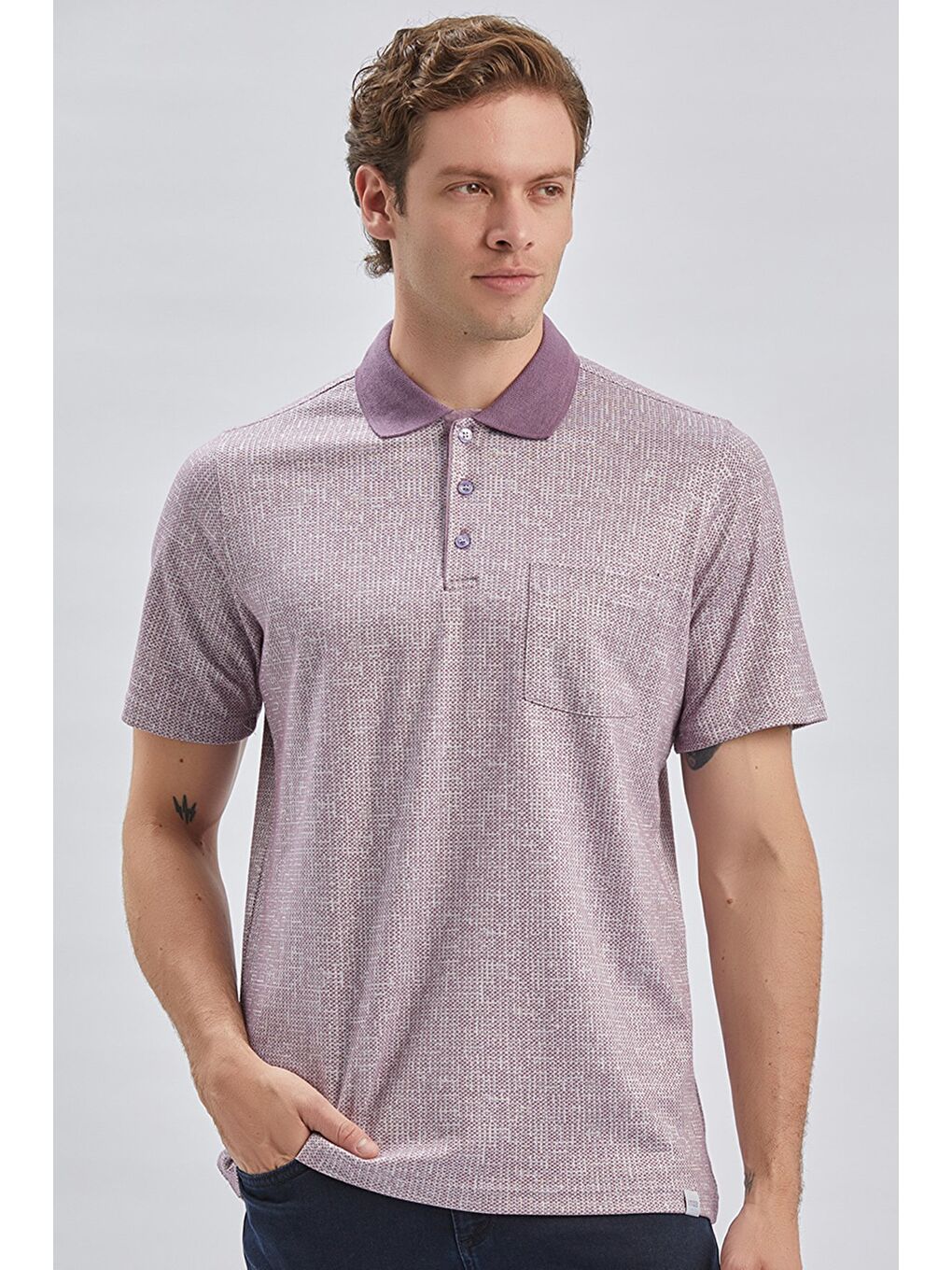 Lila Desenli Jakarlı Polo Yaka Cepli Garnili Pamuklu Comfort Fit Rahat Kesim Tişört 1011240184-1