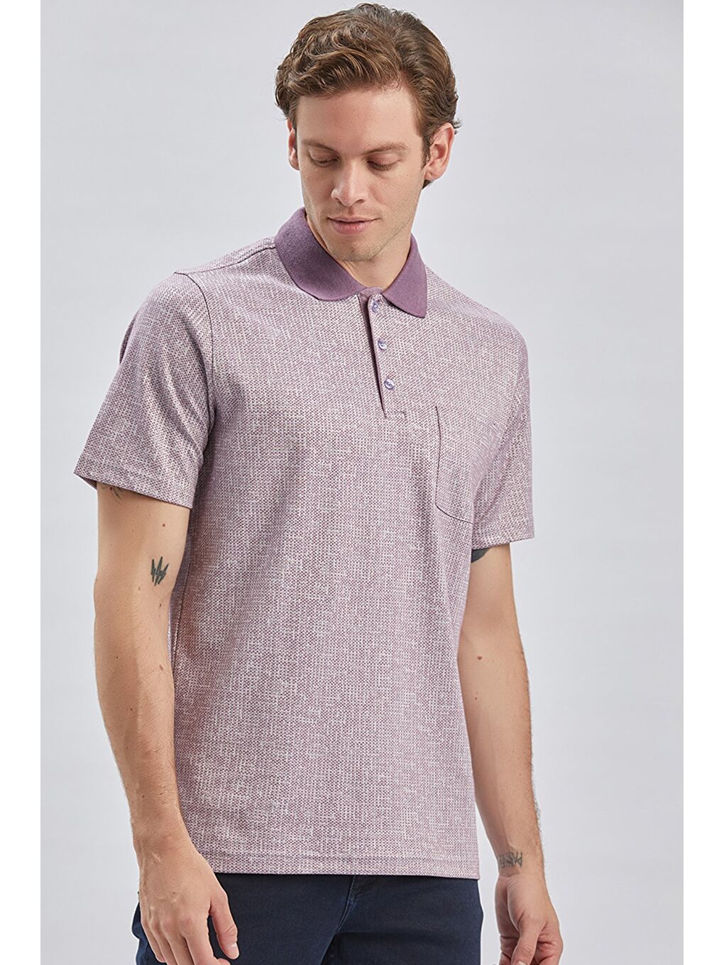 Lila Desenli Jakarlı Polo Yaka Cepli Garnili Pamuklu Comfort Fit Rahat Kesim Tişört 1011240184-2