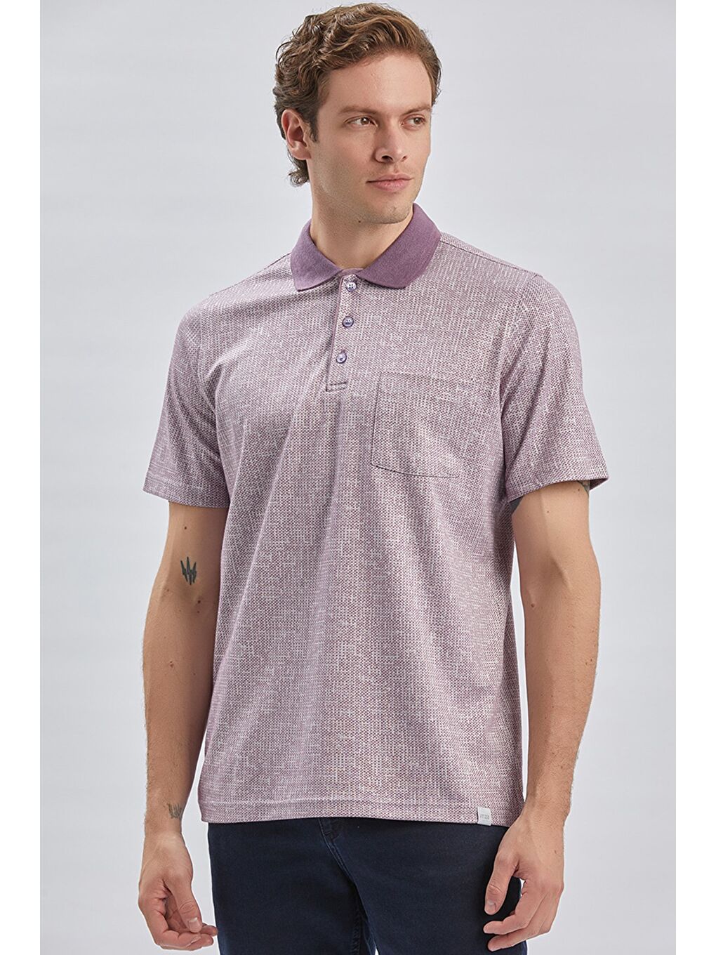 Lila Desenli Jakarlı Polo Yaka Cepli Garnili Pamuklu Comfort Fit Rahat Kesim Tişört 1011240184-3