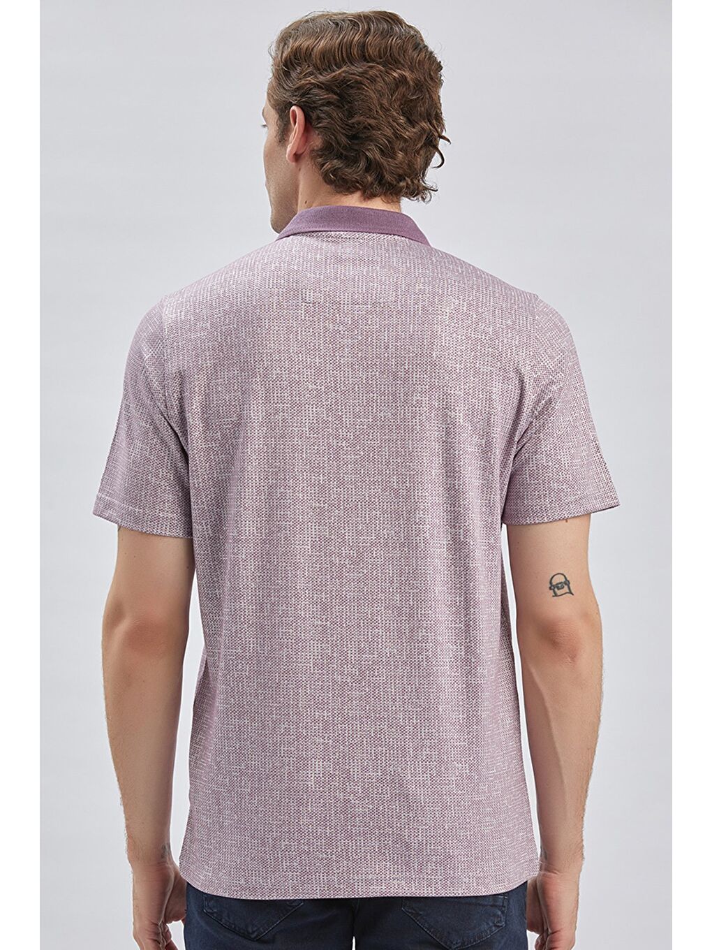 Lila Desenli Jakarlı Polo Yaka Cepli Garnili Pamuklu Comfort Fit Rahat Kesim Tişört 1011240184-4