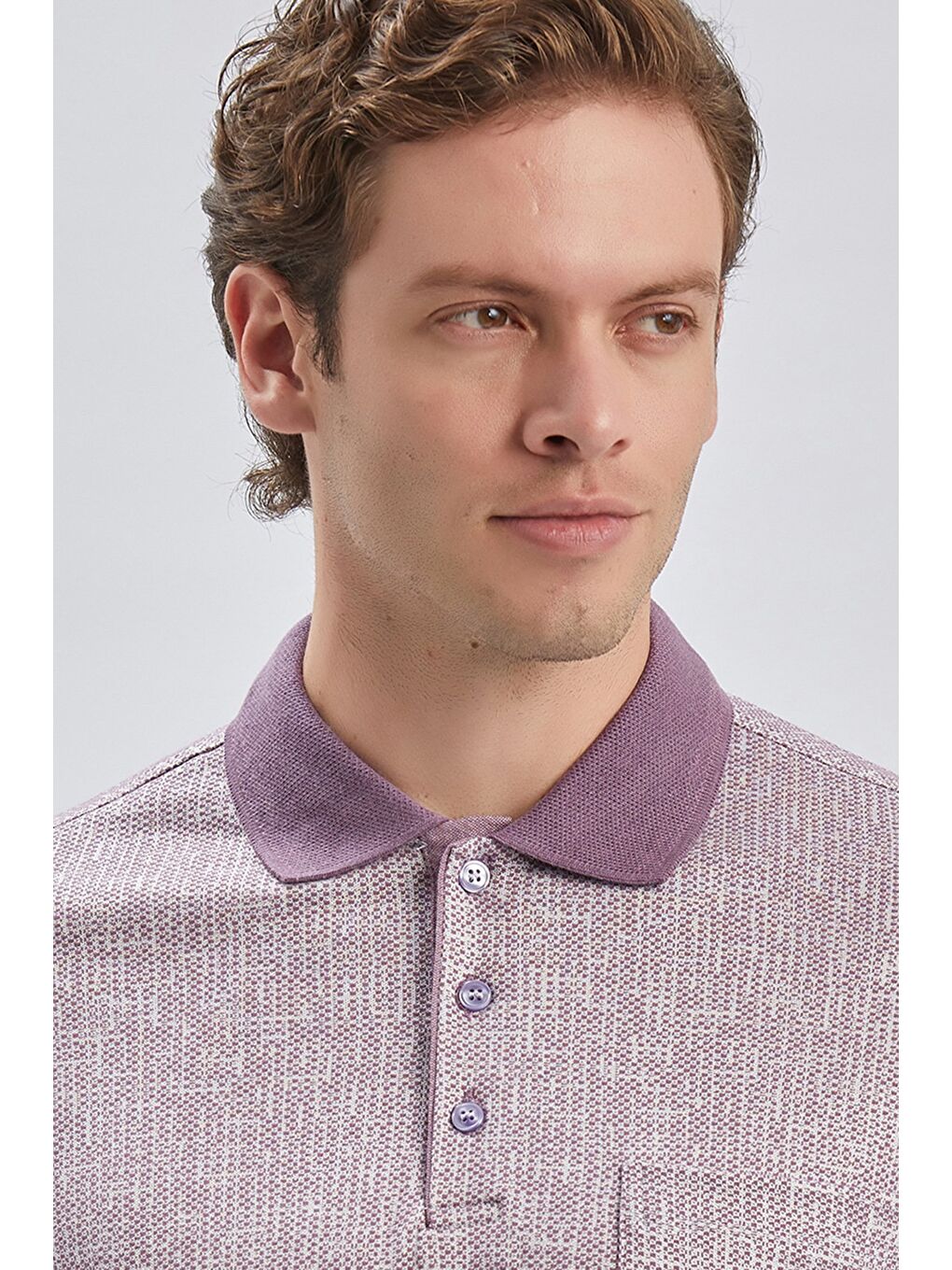 Lila Desenli Jakarlı Polo Yaka Cepli Garnili Pamuklu Comfort Fit Rahat Kesim Tişört 1011240184-5