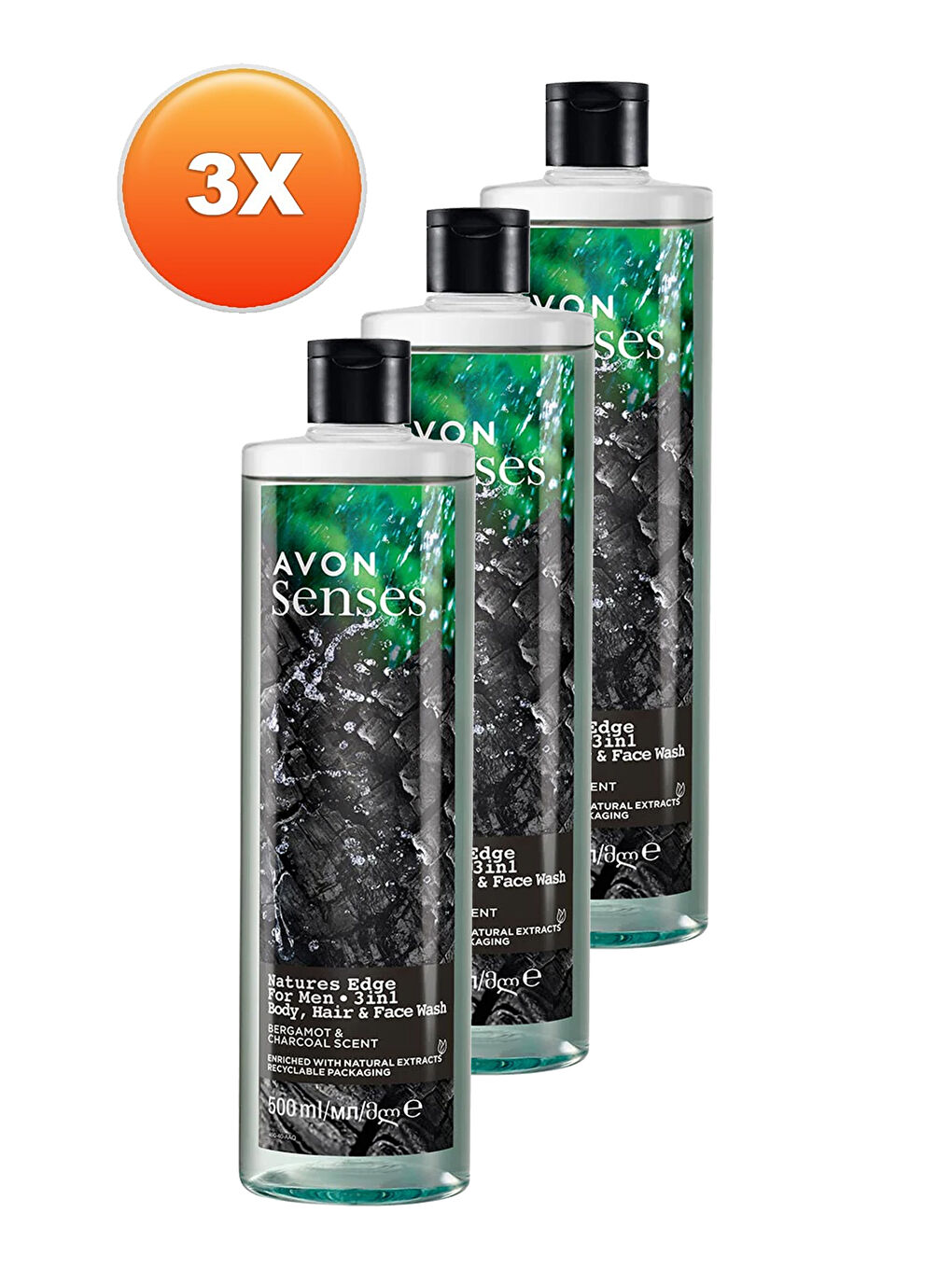 AVON Renksiz Senses Natures Edge Erkekler için Saç Vücut ve Yüz Yıkama 500 Ml. Üçlü Set - 1