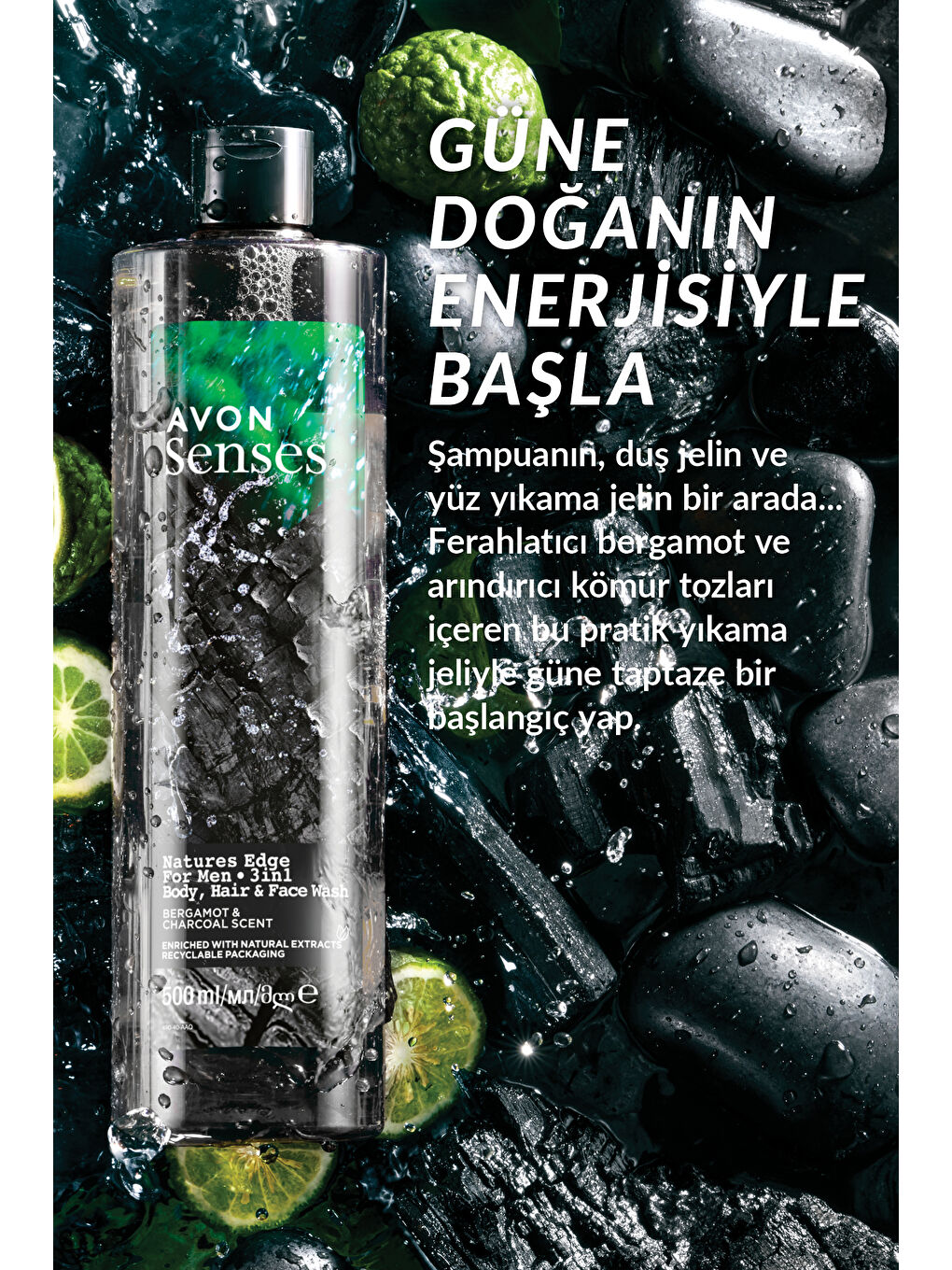 AVON Renksiz Senses Natures Edge Erkekler için Saç Vücut ve Yüz Yıkama 500 Ml. Üçlü Set - 3