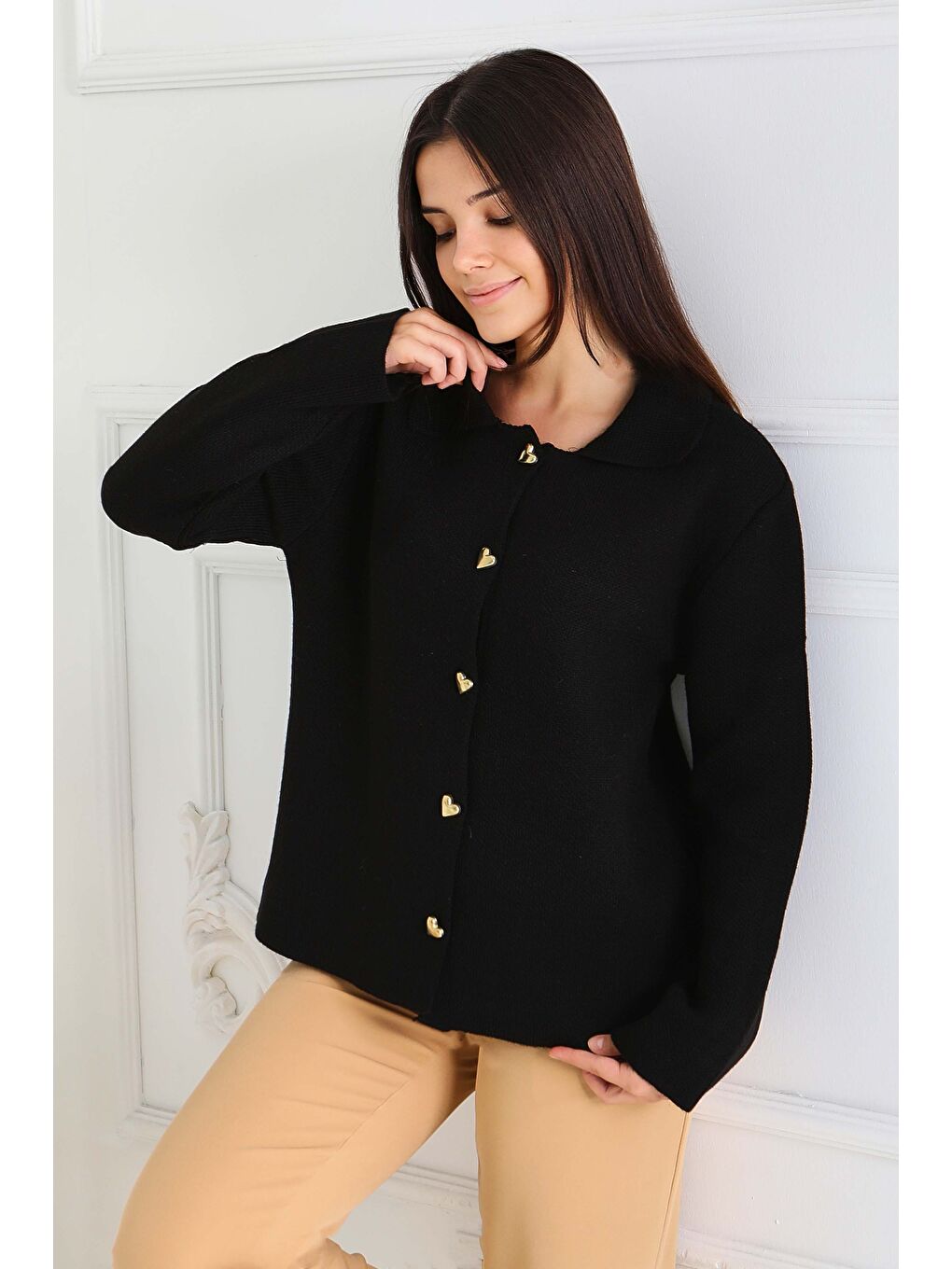 Kalp Düğmeli Triko Ceket Siyah - 27835-SIYAH-1