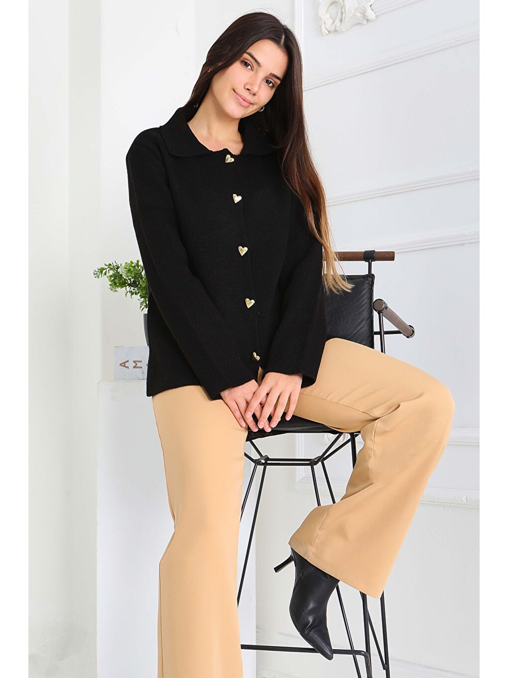 Kalp Düğmeli Triko Ceket Siyah - 27835-SIYAH-2