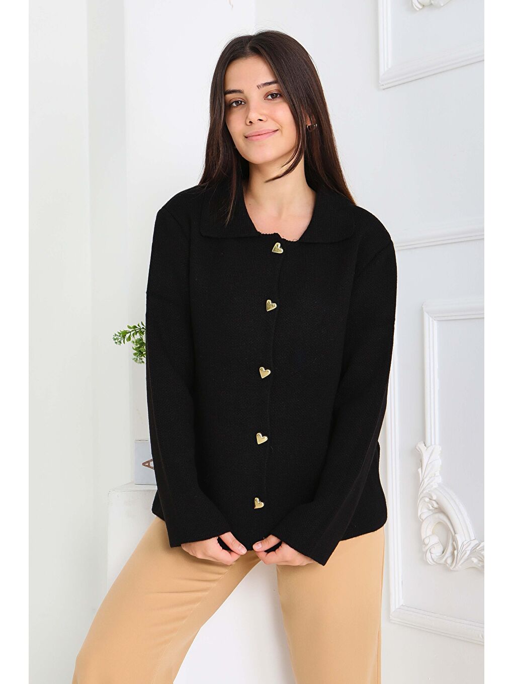 Kalp Düğmeli Triko Ceket Siyah - 27835-SIYAH-3