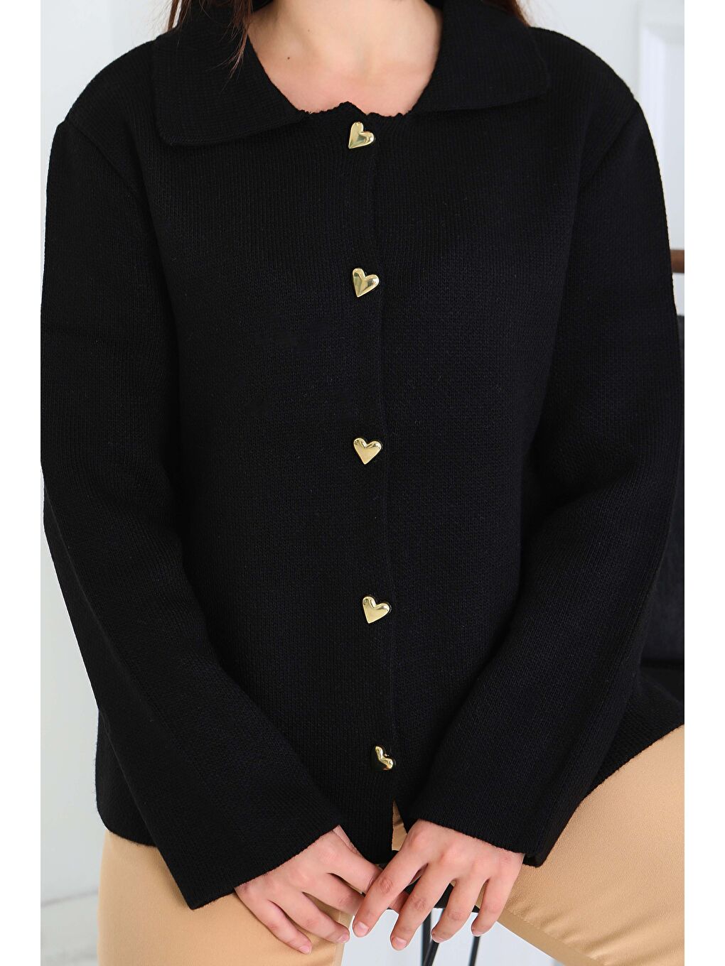 Kalp Düğmeli Triko Ceket Siyah - 27835-SIYAH-4