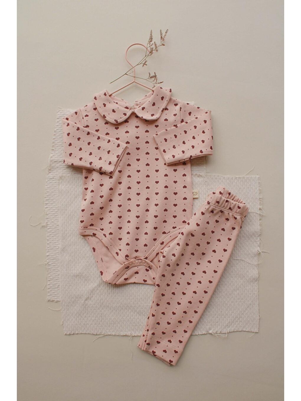 Pembe Kalp Baskılı Bebe Yaka Alt Üst Takım-1