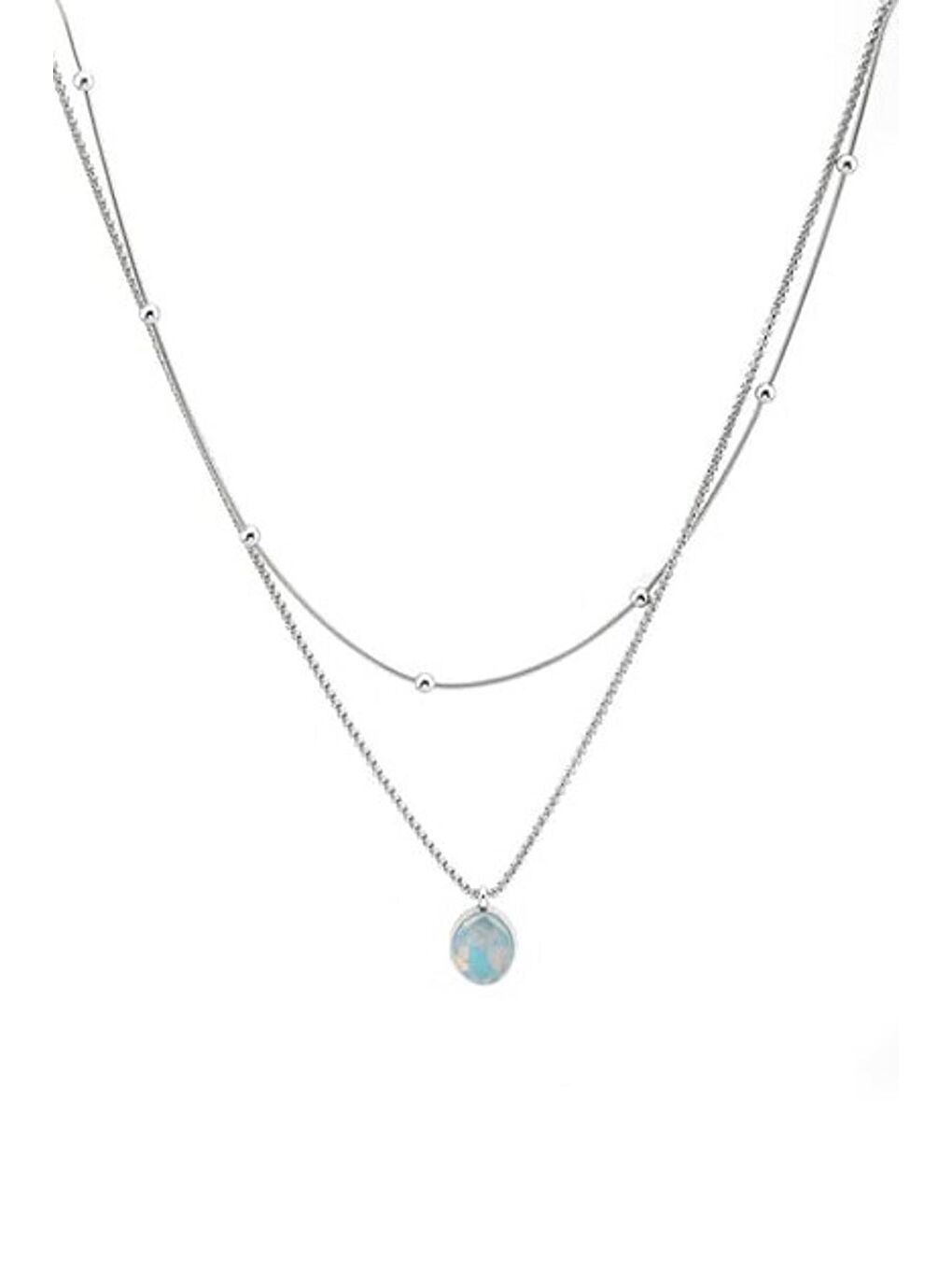 Gri Mavi Taş Uçlu Gümüş Rengi Çelik Kolye-1