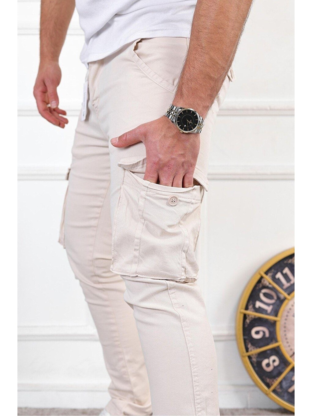 Bej Erkek Slim Fit Kargo Cepli Pantolon-1