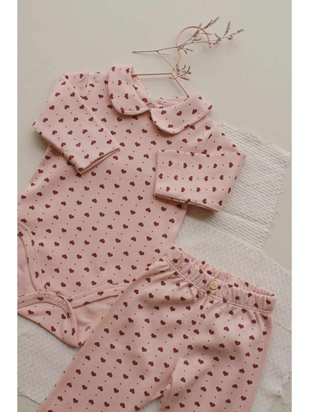 Pembe Kalp Baskılı Bebe Yaka Alt Üst Takım-2
