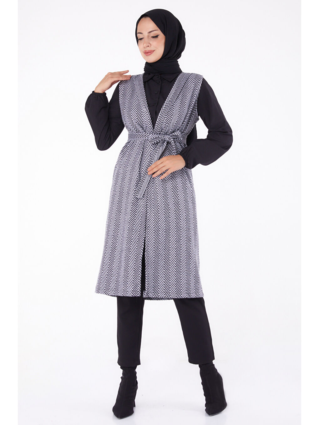 Desenli Kuşaklı Yelek Gri - 27758-GRI-1