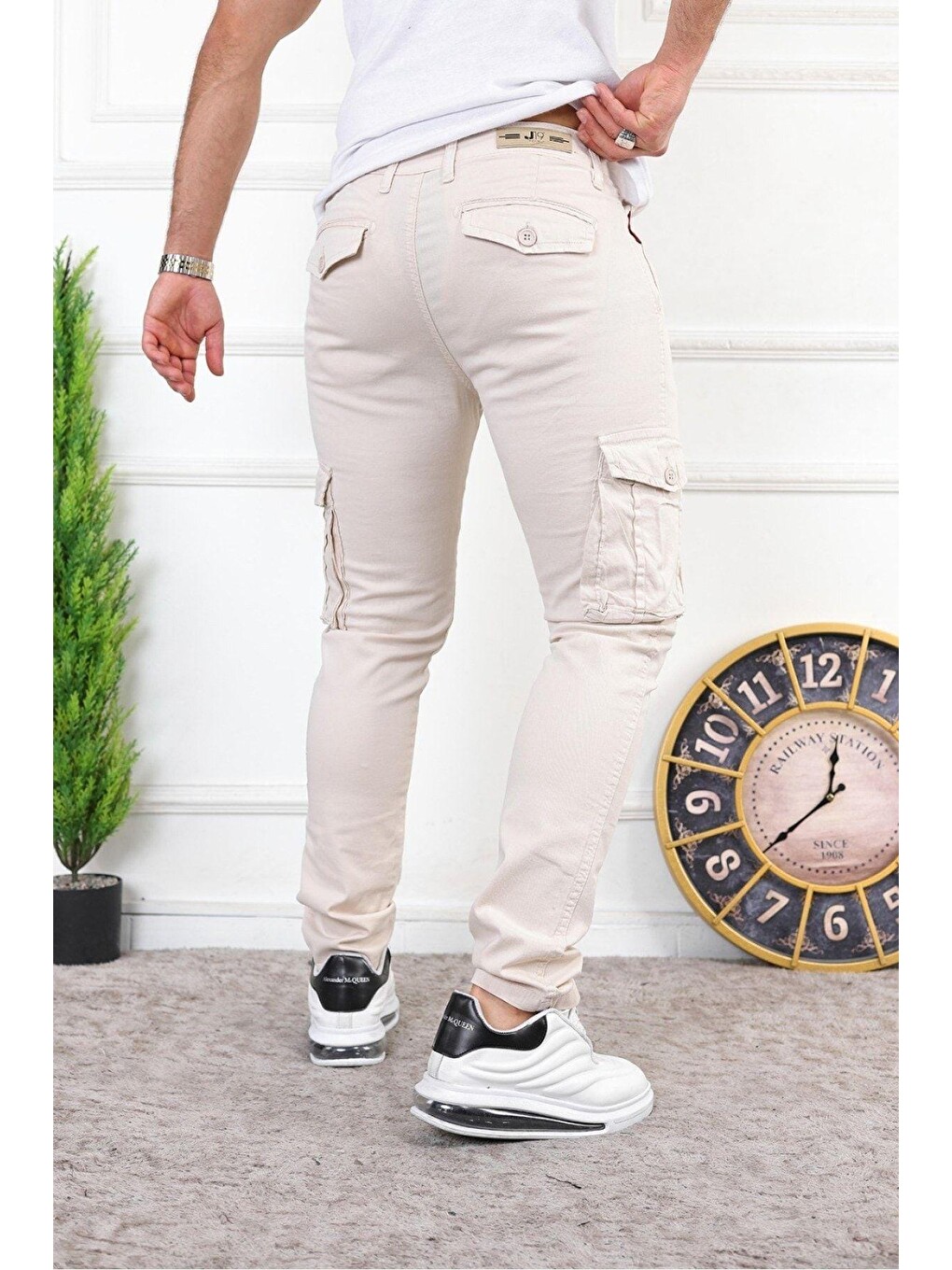 Bej Erkek Slim Fit Kargo Cepli Pantolon-2
