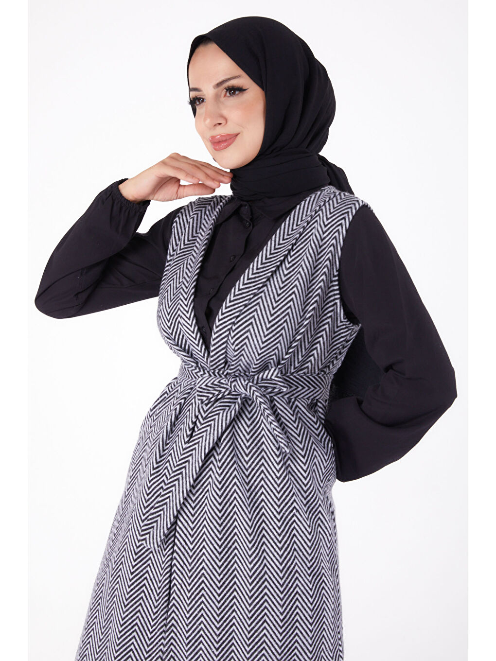 Desenli Kuşaklı Yelek Gri - 27758-GRI-2