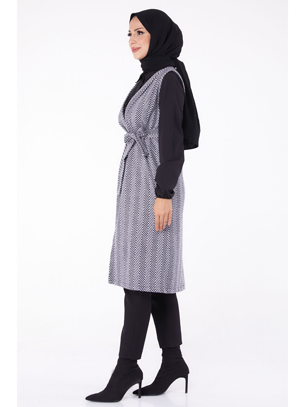 Desenli Kuşaklı Yelek Gri - 27758-GRI-3