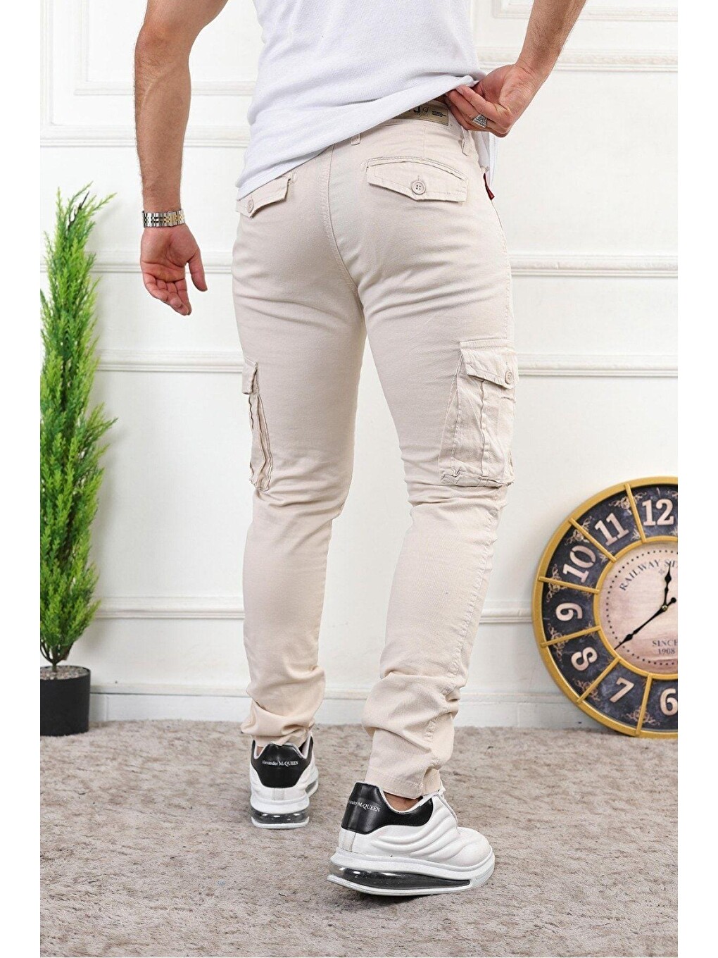 Bej Erkek Slim Fit Kargo Cepli Pantolon-3
