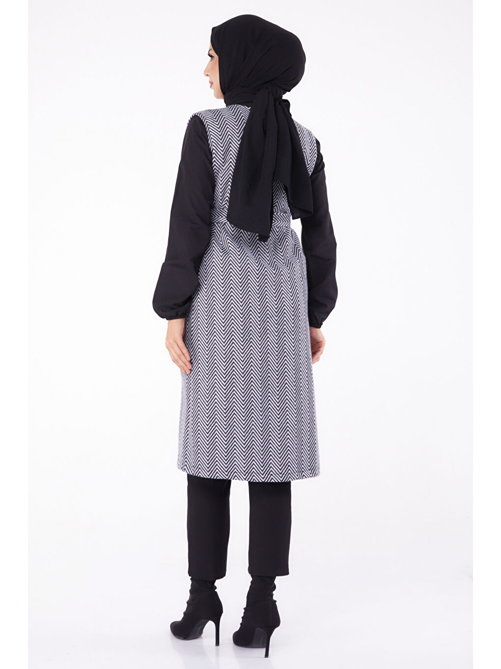 Desenli Kuşaklı Yelek Gri - 27758-GRI-4