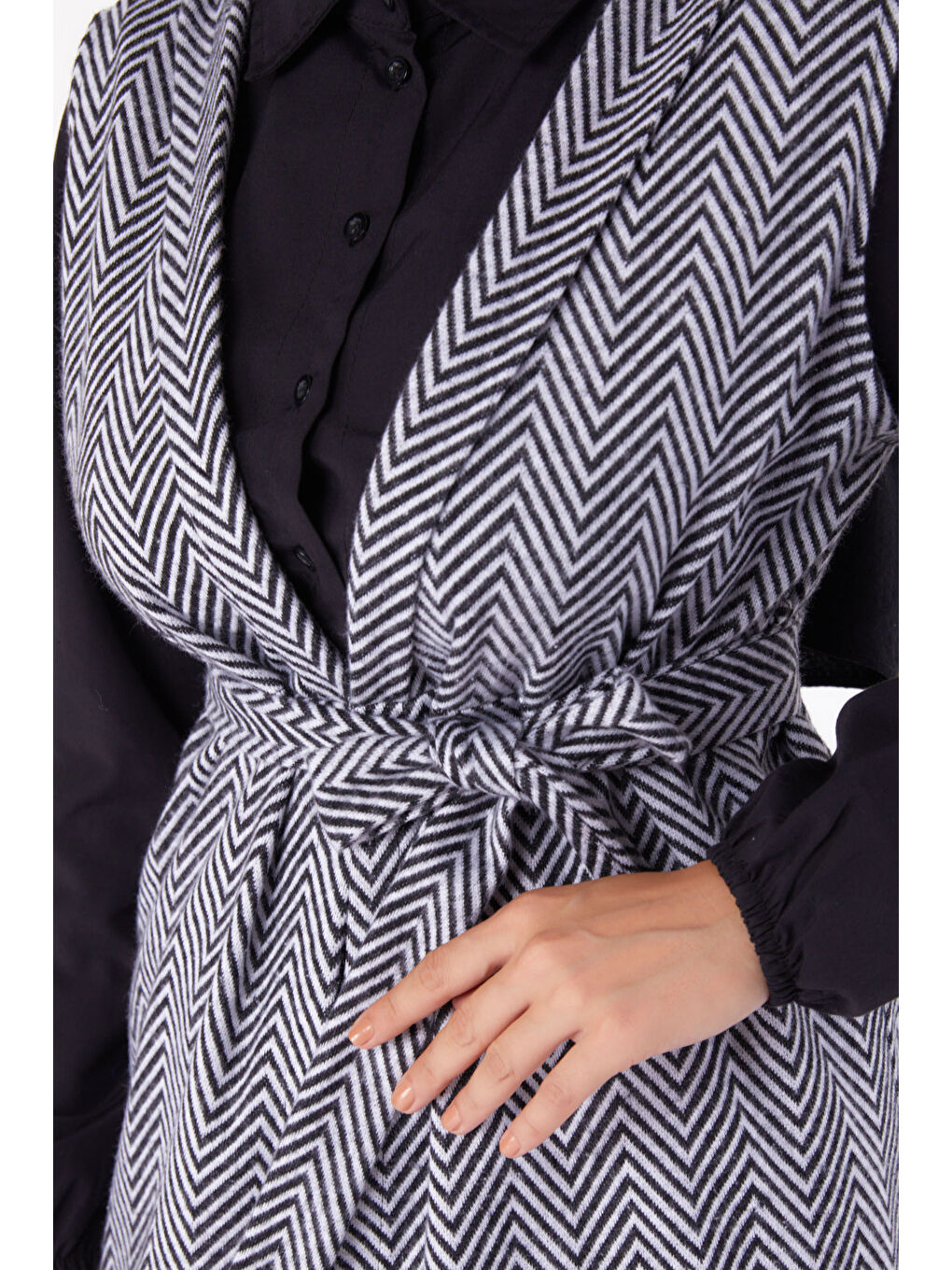 Desenli Kuşaklı Yelek Gri - 27758-GRI-5