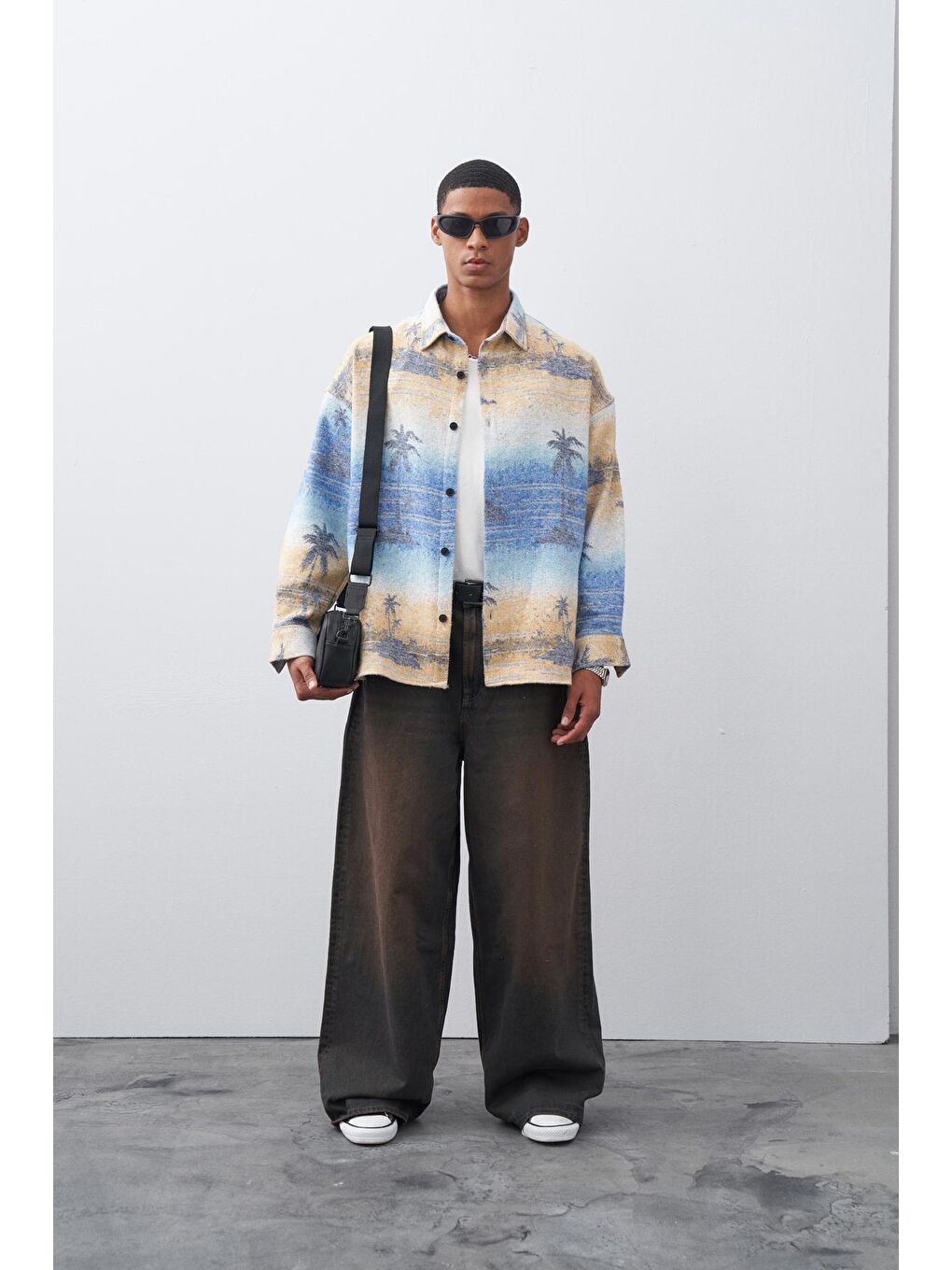 Mavi Baskılı Oversize Oduncu Gömlek